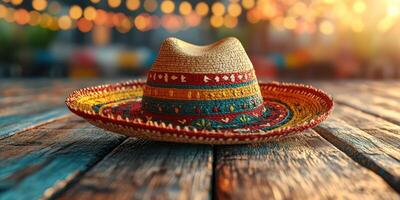 Colorful sombrero resting on wooden table surrounded by festive lights at sunset photo