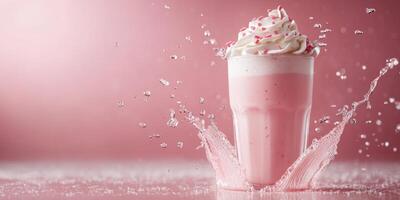 Creamy pink milkshake with whipped cream splashes against a soft pink background photo