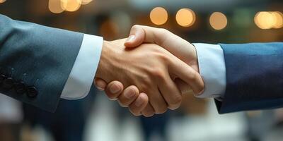 Business professionals engaging in a firm handshake while networking in a modern office setting during a corporate event photo