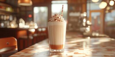 Delicious creamy beverage served in a tall glass with whipped cream and caramel drizzle in a cozy cafe photo