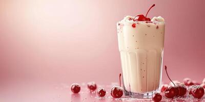 Delicious cherry milkshake in a glass with fresh cherries on the table against a soft pink background photo