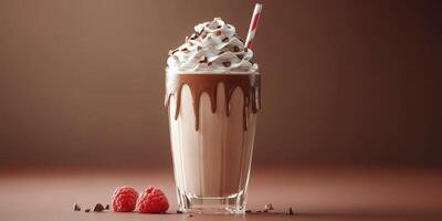 Delicious chocolate milkshake topped with cream and chocolate drizzle served with fresh raspberries photo