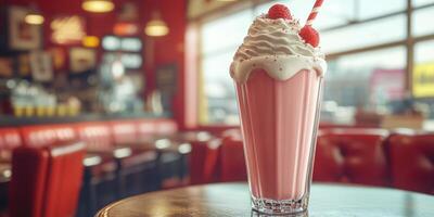 Indulging in a creamy milkshake topped with whipped cream and cherries in a retro diner setting photo