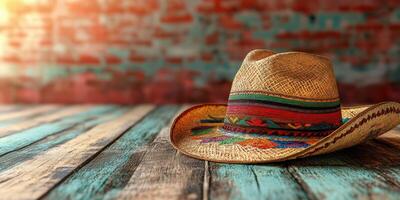 Colorful straw hat rests on rustic wooden table against a vibrant red brick wall during golden hour lighting photo