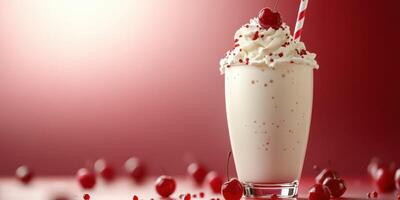 Refreshing dessert beverage topped with whipped cream and cherries on a vibrant background photo