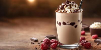 Delicious milkshake topped with whipped cream, chocolate shavings, and fresh raspberries on a wooden table photo