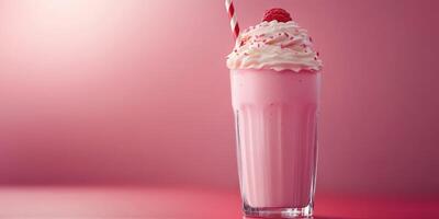 Sweet raspberry milkshake topped with whipped cream and a twisty straw against a pink backdrop photo
