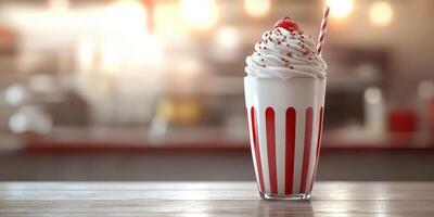 Delicious milkshake topped with whipped cream and a cherry served in a classic striped glass in a cozy cafe setting photo