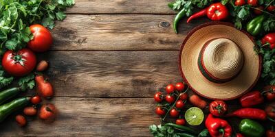 Colorful assortment of fresh vegetables with a sombrero on a rustic wooden table photo
