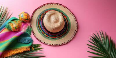 Colorful sombrero and traditional textiles displayed on a bright pink background with leafy accents photo