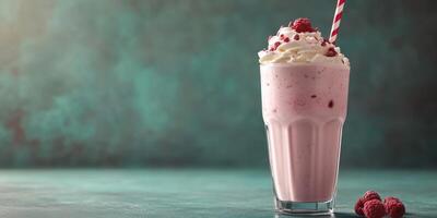 Creamy raspberry shake served in a tall glass with whipped cream and vibrant highlights photo
