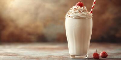 Creamy vanilla milkshake topped with whipped cream, nuts, and raspberries served in a classic glass photo