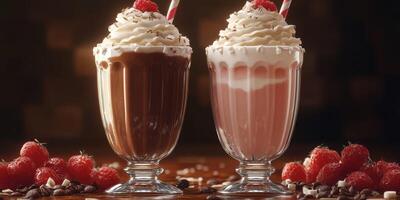 Delicious milkshakes topped with whipped cream and cherries served in elegant glasses on a wooden table photo