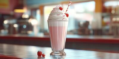 Refreshing pink milkshake topped with whipped cream and strawberries served in a diner photo