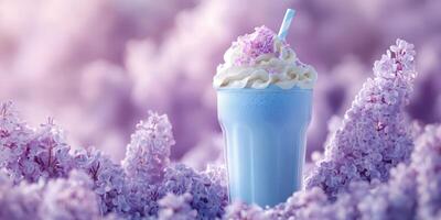 Refreshing blue drink topped with whipped cream surrounded by blooming lilacs during springtime photo