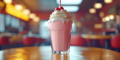 Pink milkshake topped with whipped cream and cherries served in a diner during a casual afternoon photo