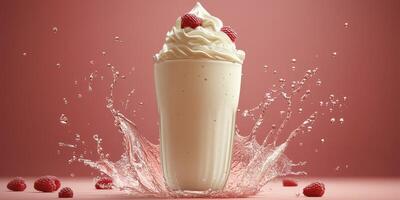 Delicious milkshake overflowing with whipped cream and raspberries splashing in water photo