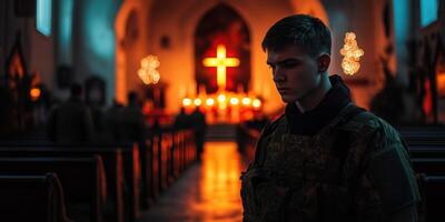 Soldier in solemn reflection inside a dimly lit church during evening service photo