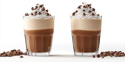 Delicious chocolate beverages served in clear glasses with whipped cream and chocolate chips on top at a dessert setting photo
