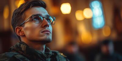 Young man gazes thoughtfully in a softly lit historical building during evening hours photo