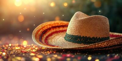 Colorful sombrero resting on a surface with twinkling lights in a festive atmosphere photo