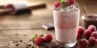 Whipped raspberry chocolate shake garnished with chocolate shavings and fresh mint on rustic wooden table photo