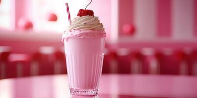 Delightful pink milkshake topped with whipped cream and cherry in vibrant pink diner setting during afternoon photo