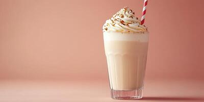 Creamy dessert drink topped with whipped cream and nuts served in a clear glass with a striped straw photo