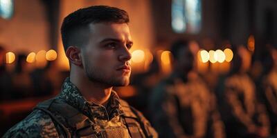 Soldiers in a solemn setting reflect during a ceremony held in a solemn church environment at dusk photo