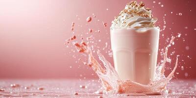 Delicious milkshake creating a splash with whipped cream and toppings in a vibrant setting photo