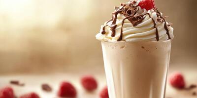 Delicious chocolate and raspberry milkshake topped with whipped cream and chocolate drizzle served in a clear glass photo