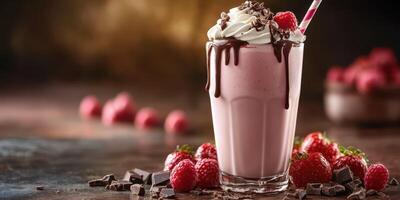 Indulgent strawberry chocolate milkshake served with fresh raspberries and chocolate shavings in a cozy setting photo