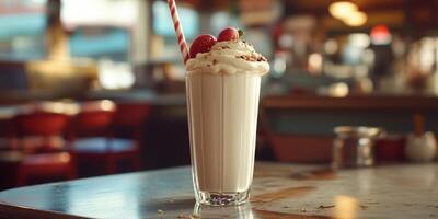 Classic milkshake topped with cherries and whipped cream served in a glass at a retro diner photo