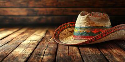 Striking straw hat resting on rustic wooden surface in warm, inviting light photo