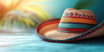 Colorful straw hat resting on a surface with sunlight and tropical plants in the background photo