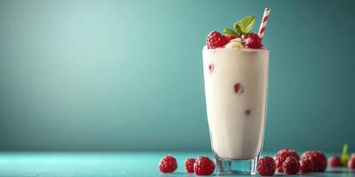 Creamy raspberry milkshake served with fresh berries and mint in a tall glass photo
