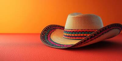 Colorful straw hat resting on a vibrant orange background highlighting traditional design and cultural significance photo