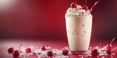 Delicious milkshake topped with whipped cream and cherries on a vibrant red background photo
