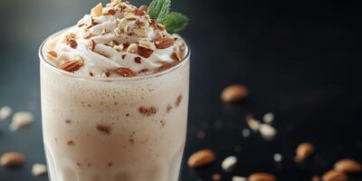 Delicious almond milkshake topped with whipped cream and nuts served in a glass with a mint leaf photo