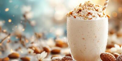 Delicious almond milkshake topped with nuts in a vibrant setting photo