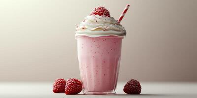 Refreshing raspberry milkshake with whipped cream and berries on a simple background photo