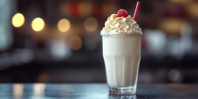 Refreshing milkshake topped with whipped cream and raspberry served in a classic glass photo