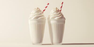 Creamy milkshakes with whipped cream and striped straws in a minimalist setting photo