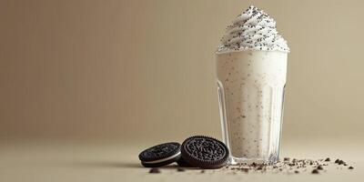 Creamy milkshake with crushed cookies on a neutral background showcasing dessert indulgence photo