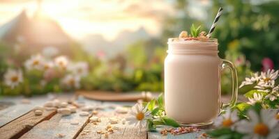 Refreshing smoothie served in glass jar against a serene garden backdrop during golden hour photo