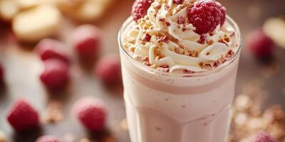 Raspberry milkshake topped with whipped cream and crushed cookies served in a tall glass photo