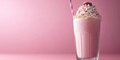Creamy strawberry milkshake topped with whipped cream and cherry on pink background photo