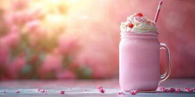 Refreshing pink strawberry milkshake with whipped cream and strawberries in a sunny garden setting photo