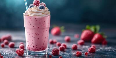 Refreshing raspberry smoothie with whipped cream and berries on a dark countertop photo