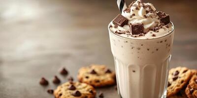 Delicious milkshake topped with whipped cream and chocolate, served with chocolate chip cookies on a wooden table photo